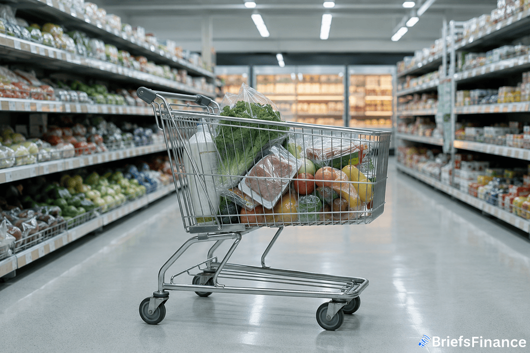 A shopping cart filled with groceries, including vegetables, fruit, and packaged goods, sits in the aisle of a well-lit supermarket with fully stocked shelves.