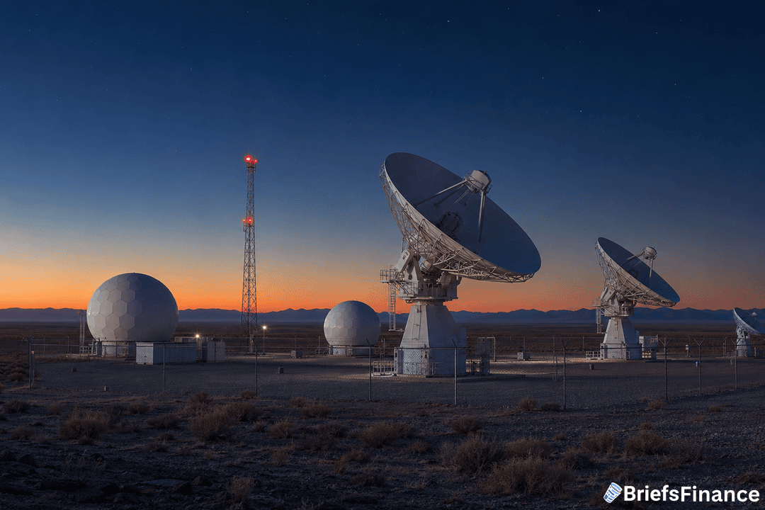 Large satellite dishes and spherical domes stand in an array on a flat, desert landscape at sunset, with a tall communication tower nearby and mountains visible in the background.
