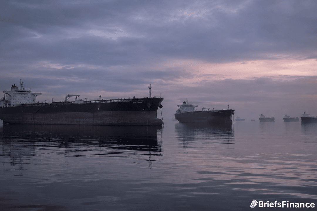 Several large cargo ships are anchored on calm water under a cloudy, early morning sky, with the BriefsFinance logo in the bottom right corner.