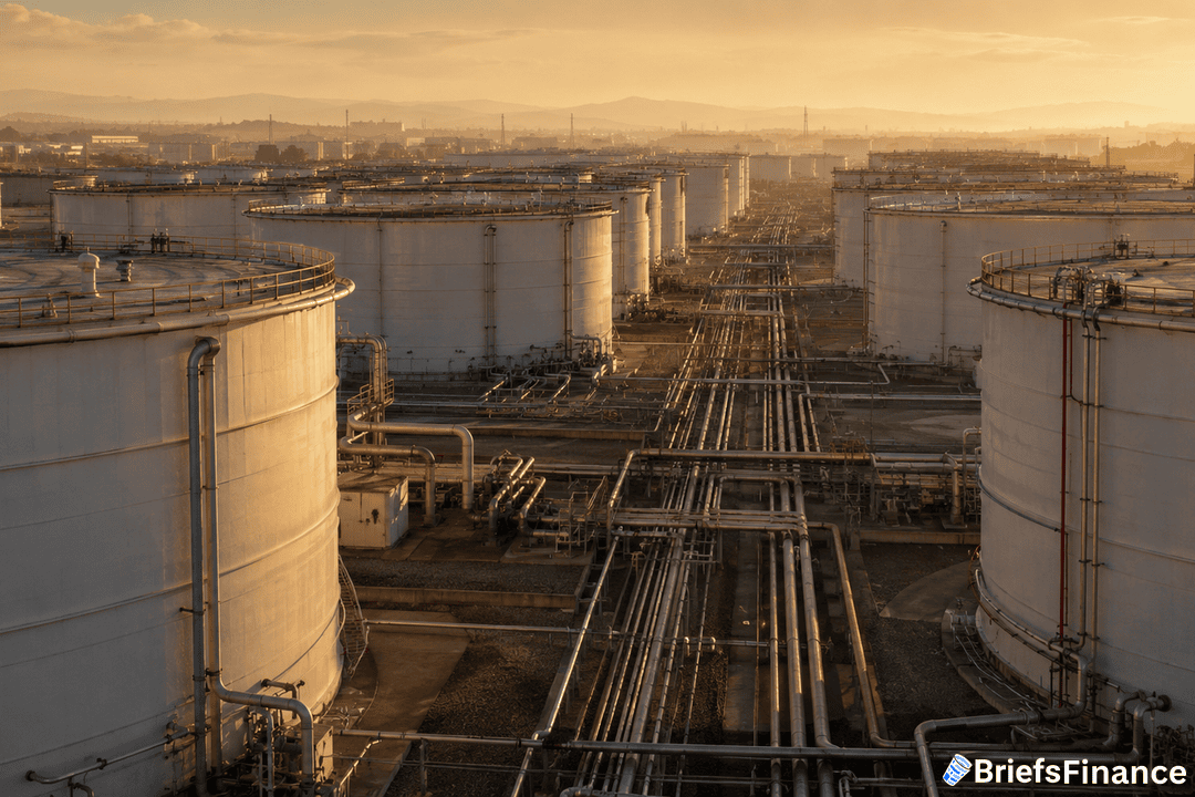 Rows of large cylindrical oil storage tanks connected by pipelines at an industrial facility, with a cityscape and mountains visible in the background during sunset.