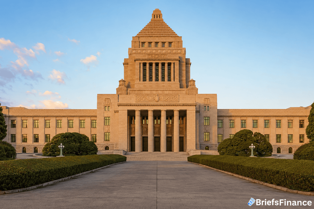The image shows the front view of Japan’s National Diet Building, a grand stone structure with a central tower, wide staircase, tall columns, and surrounding greenery under a clear sky.