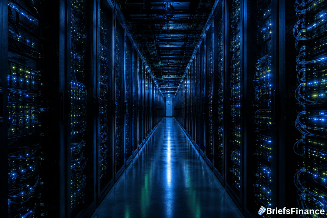 A dimly lit data center corridor lined with server racks glowing with blue and green lights. The polished floor reflects the lights, and a door is visible at the end of the aisle. BriefsFinance logo is in the bottom right corner.