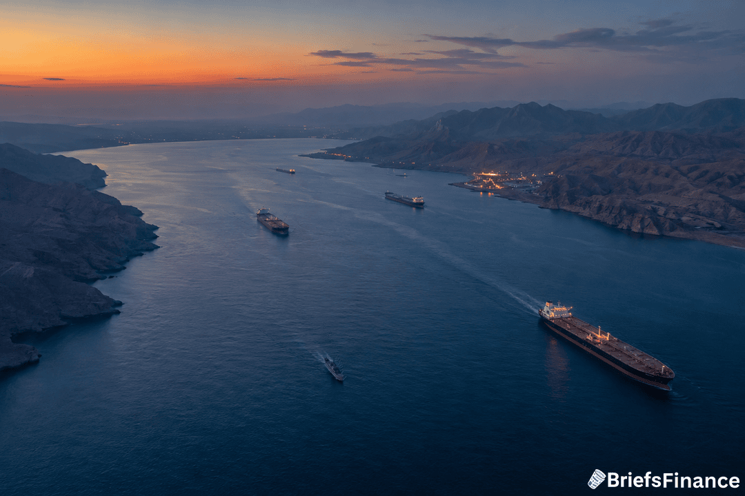Aerial view of several large cargo ships navigating a wide, winding strait at sunset, surrounded by rugged mountains, with scattered lights along the coastline.