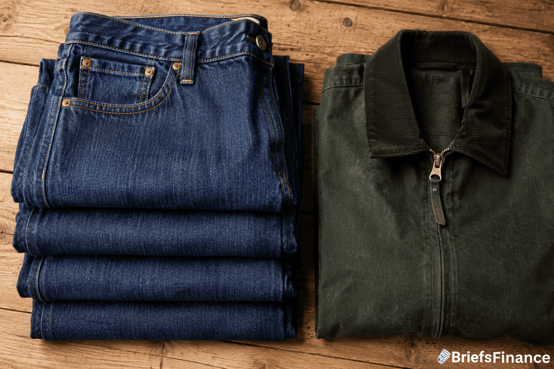 A stack of five folded blue jeans sits next to a folded green zip-up jacket with a corduroy collar on a wooden surface.