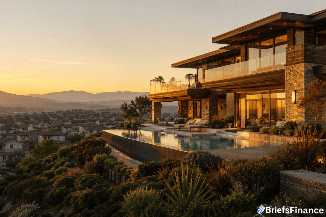 Modern luxury house with a pool on a hillside at sunset, overlooking a residential neighborhood and distant mountains, surrounded by landscaped plants. BriefsFinance logo in the bottom right corner.