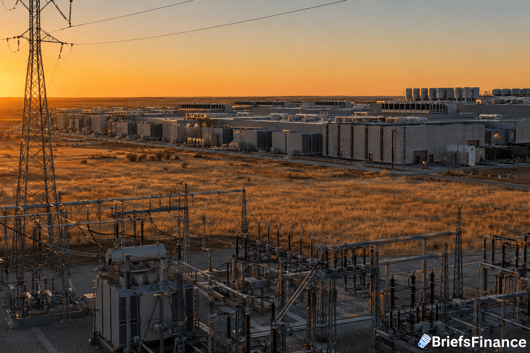 A large industrial facility at sunset with power lines and electrical equipment in the foreground, and several long, gray buildings in the background under a clear sky.