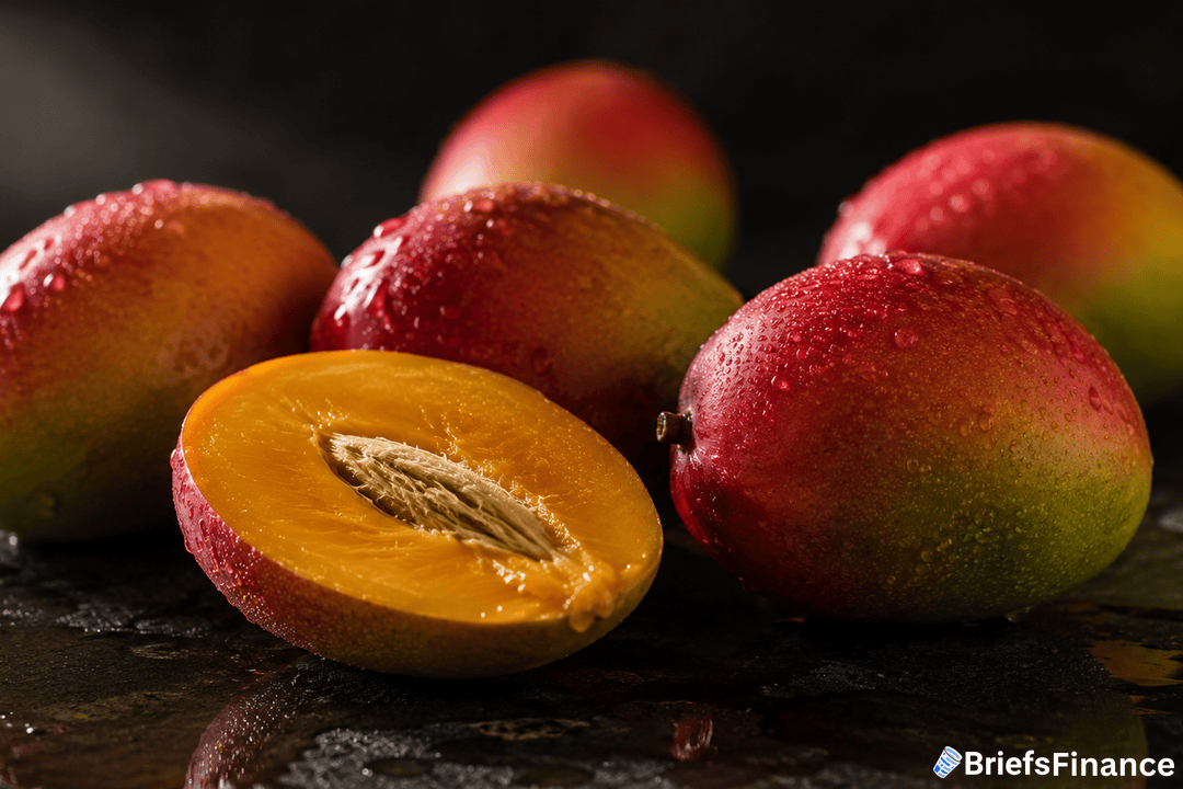 Several ripe mangoes with water droplets are on a dark surface. One mango is cut in half, showing its yellow flesh and pit. The image has the “BriefsFinance” logo in the lower right corner.