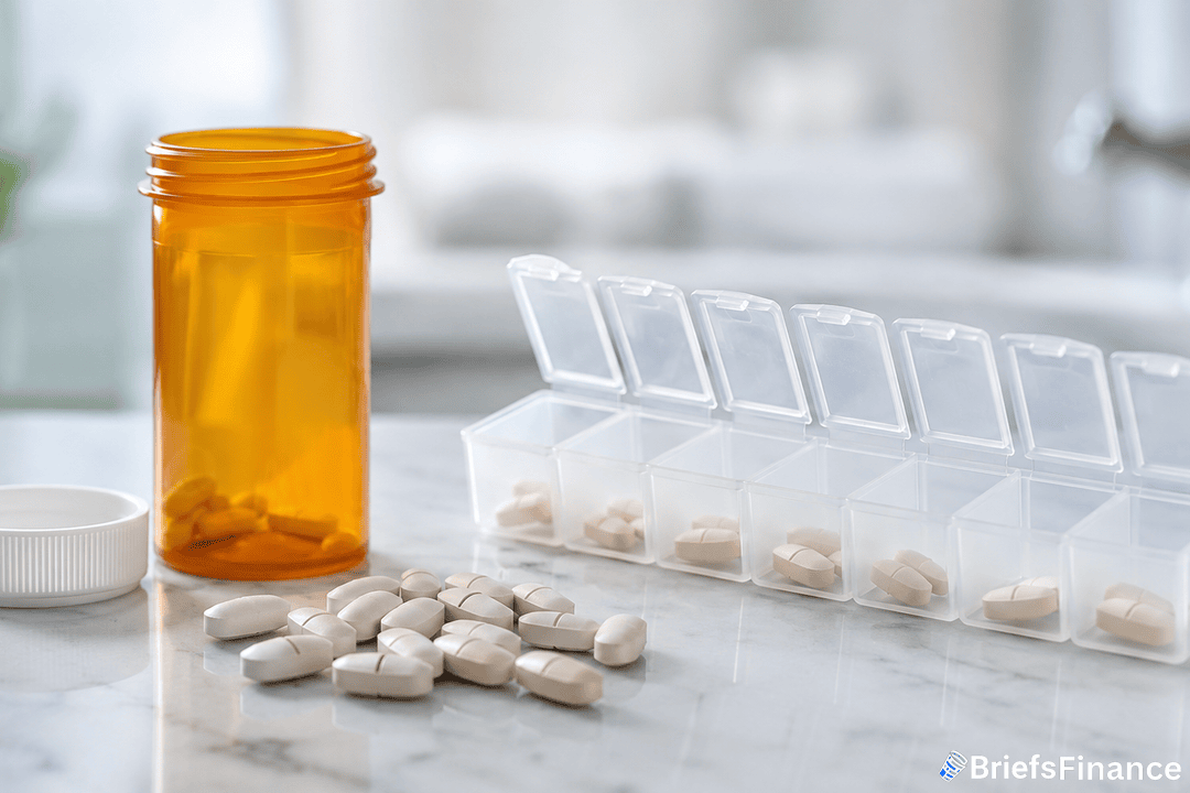 An orange pill bottle, white cap, and several white tablets are on a table next to a weekly pill organizer filled with similar tablets. The background is out of focus, and the image is branded with BriefsFinance in the corner.