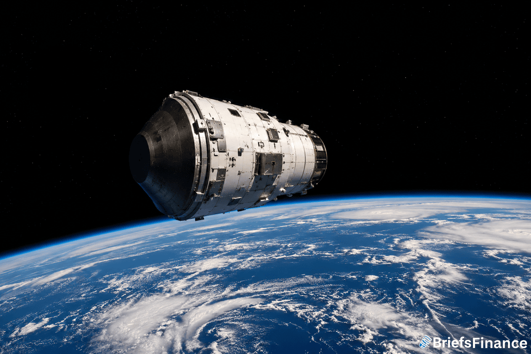 A spacecraft or satellite orbits above Earth, with the planet’s blue surface and white clouds visible below against the blackness of space.