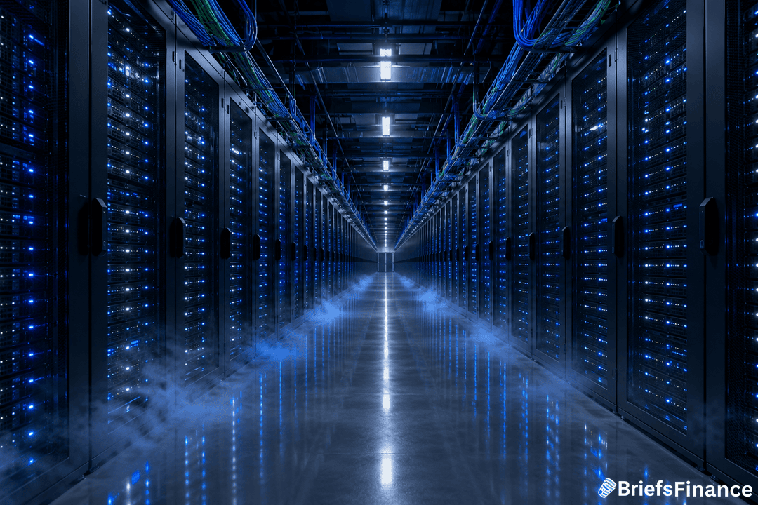 A brightly lit data center hallway with rows of server racks on each side, blue lights on the servers, and mist on the floor. The BriefsFinance logo is visible in the bottom right corner.