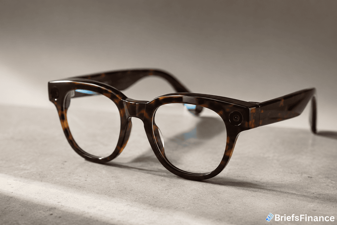 A pair of tortoiseshell smart glasses with built-in cameras on each side, resting on a smooth, light-colored surface. The BriefsFinance logo is in the bottom right corner.