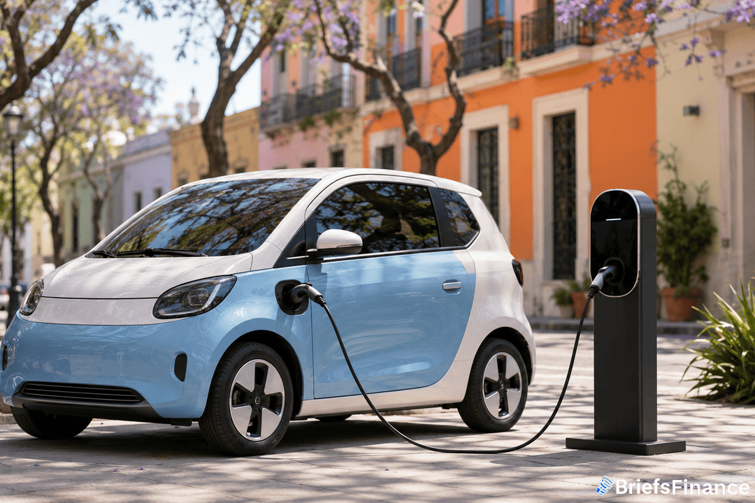A small blue and white electric car is parked on a street, plugged into a charging station. Colorful buildings and flowering trees line the background. The BriefsFinance logo appears in the corner.