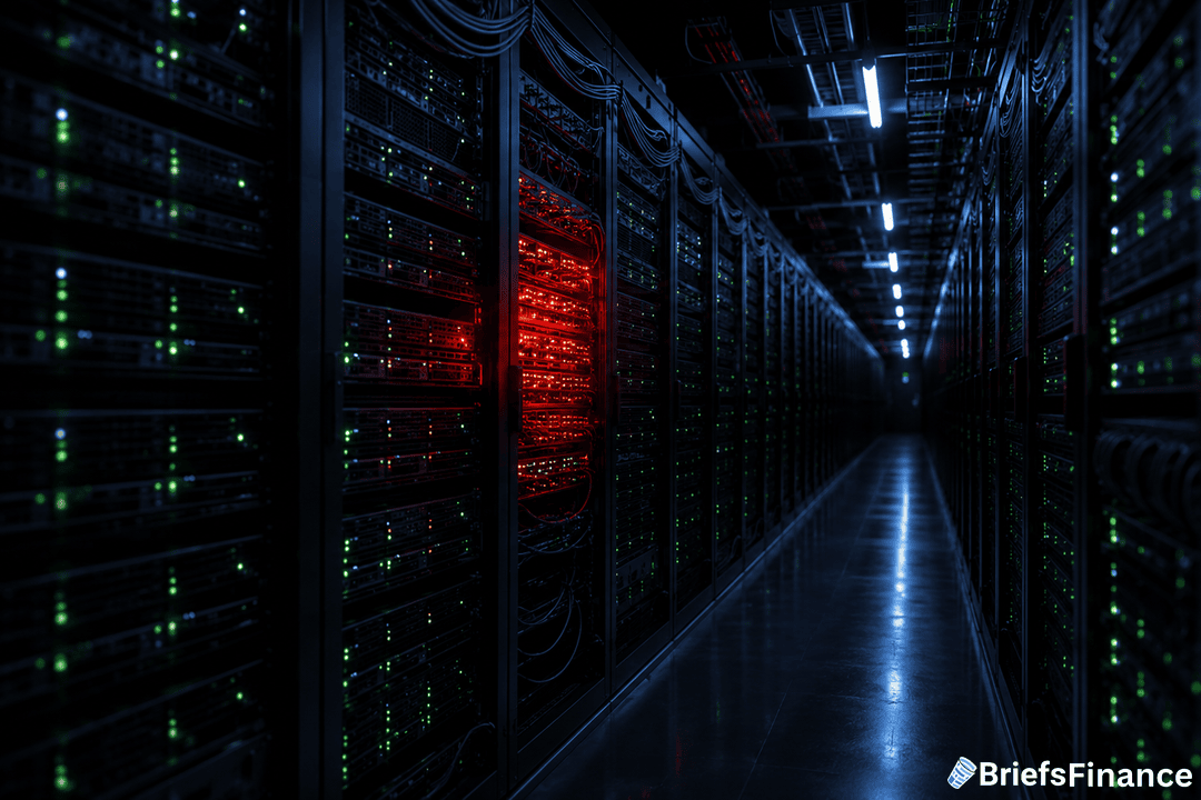 A dimly lit server room filled with racks of servers, mostly displaying green lights, except for one server with alarming red lights. The BriefsFinance logo appears in the bottom right corner.