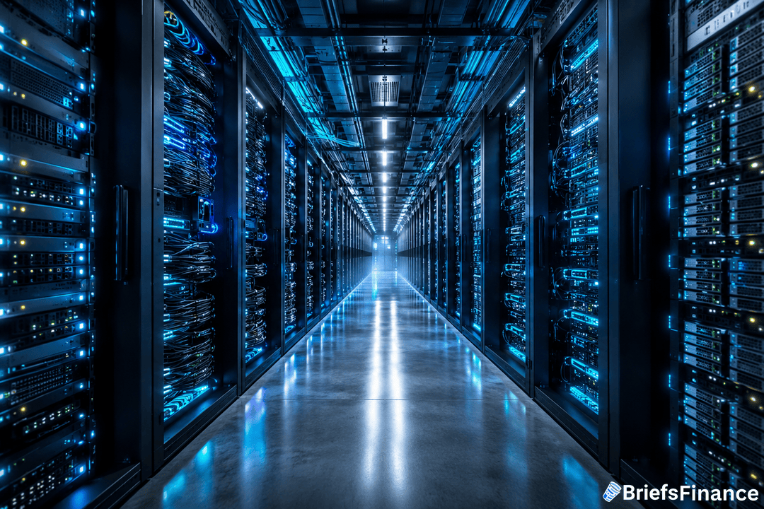 A brightly lit hallway inside a modern data center, lined on both sides with server racks and blue LED lights; the BriefsFinance logo appears in the lower right corner.