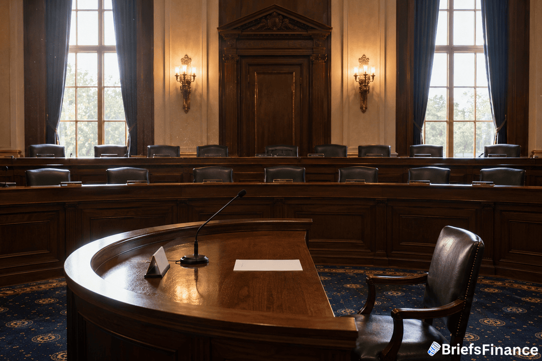 A large, empty courtroom features a curved wooden desk with a microphone, chair, and paper in the foreground. Rows of empty chairs and tall windows are in the background. The BriefsFinance logo appears in the bottom right corner.