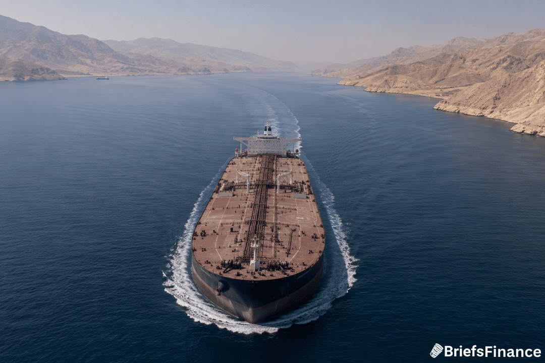 An aerial view of a large oil tanker sailing through a narrow body of water between rocky, mountainous shores, with calm blue seas and a clear sky. The BriefsFinance logo is visible in the bottom right corner.