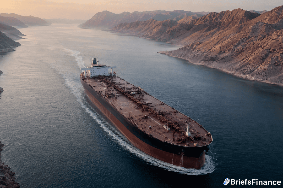 A large oil tanker sails through a narrow channel bordered by rugged mountains at sunset. The water is calm, and the ship creates a gentle wake as it moves forward. The BriefsFinance logo appears in the bottom right corner.