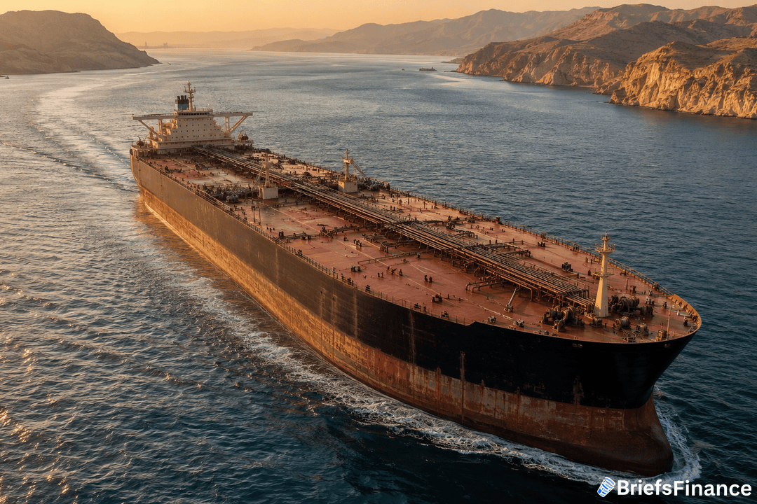 An oil tanker sails through a wide, calm waterway surrounded by rocky, mountainous terrain at sunset. The ship is large and detailed, with visible piping and structures. Logo BriefsFinance is in the lower right corner.