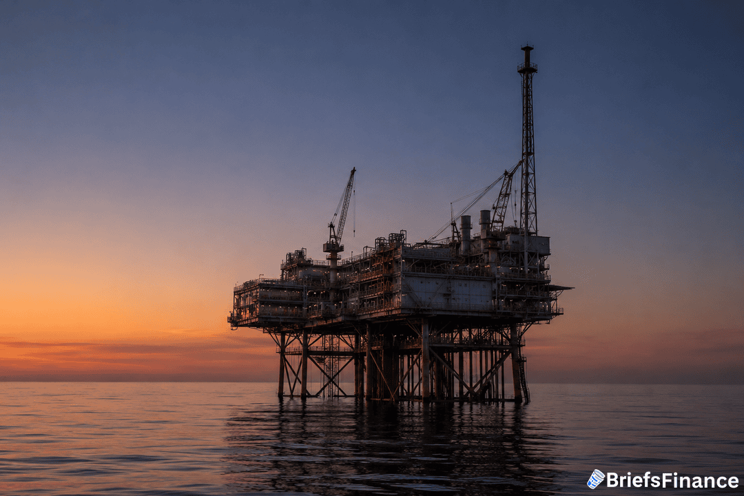 An offshore oil rig stands in calm water at sunset, with cranes and structures visible against an orange and blue sky. The BriefsFinance logo is in the bottom right corner.