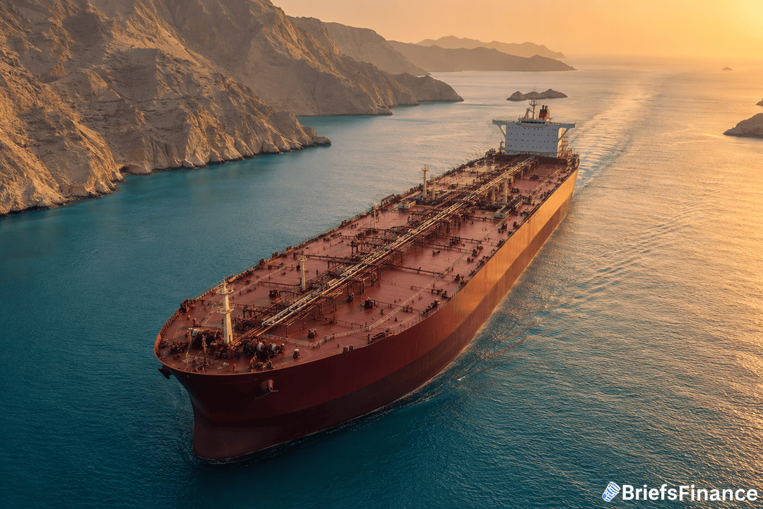A large oil tanker sails through calm blue waters, surrounded by rugged mountains at sunset. The BriefsFinance logo is visible in the bottom right corner.