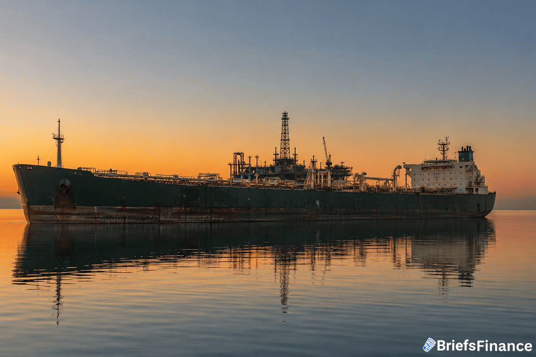A large oil tanker is anchored on calm water at sunset, with vivid orange and blue colors in the sky reflecting on the surface. The “BriefsFinance” logo appears in the bottom right corner.