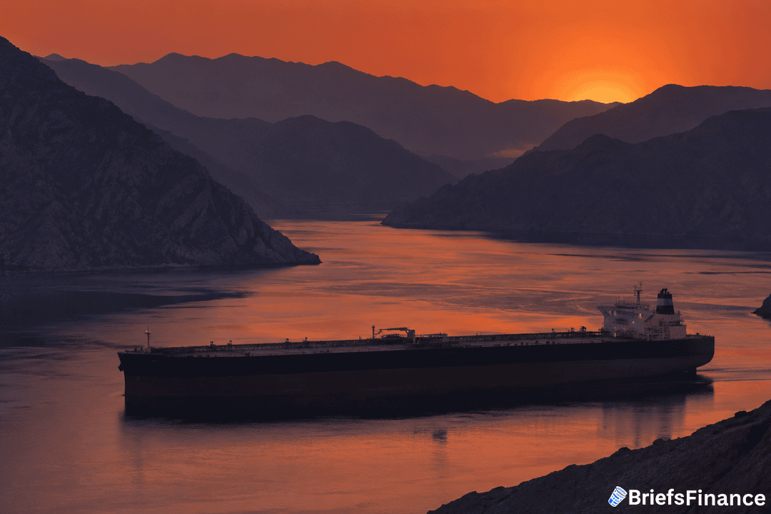 A large oil tanker sails through a narrow, mountainous strait at sunset, with the sky glowing orange and the water reflecting the light. The BriefsFinance logo appears in the bottom right corner.