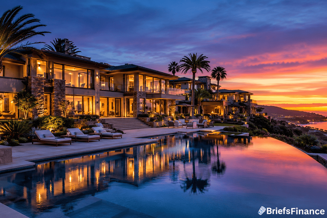 A luxurious modern mansion with large windows and palm trees, overlooks a reflecting infinity pool at sunset. The sky glows with vibrant orange and purple hues. Logo: BriefsFinance.