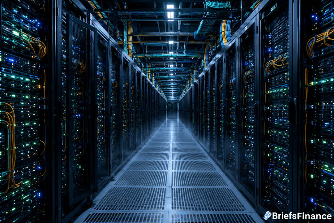 A brightly lit data center hallway with rows of server racks on both sides, filled with blinking lights and colorful cables. The BriefsFinance logo appears in the lower right corner.