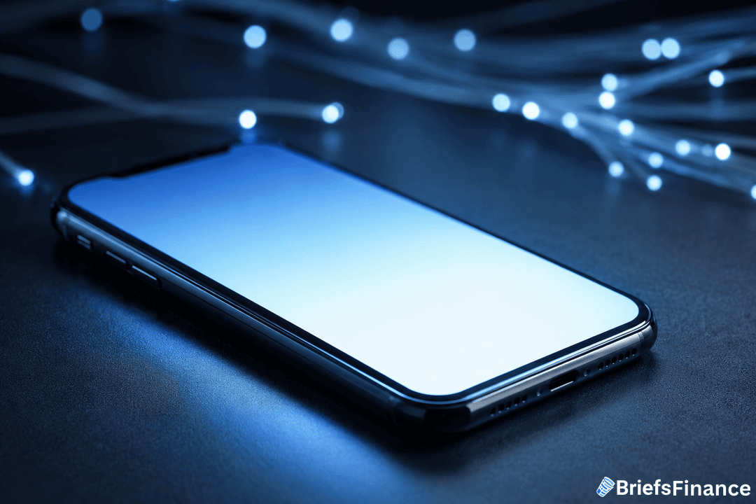 A smartphone with a glowing blank screen lies on a dark surface, surrounded by small, glowing blue lights. The BriefsFinance logo is visible in the bottom right corner.