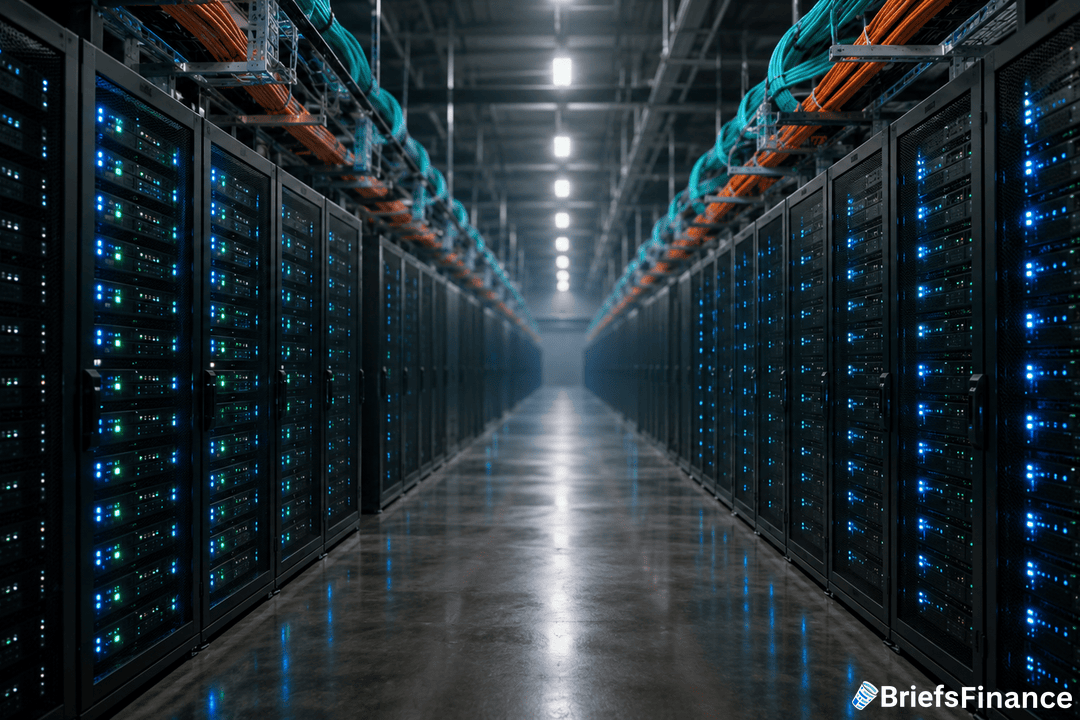 A long corridor between rows of server racks with blue and green indicator lights in a modern data center; cables run along the ceiling. BriefsFinance logo is visible in the bottom right corner.