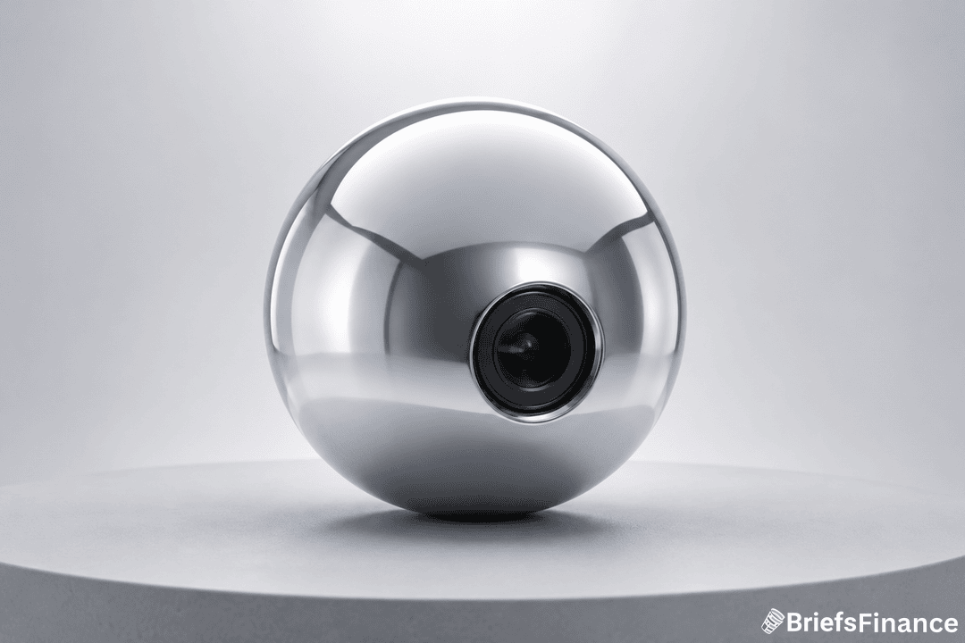 A shiny, metallic silver sphere with a black circular lens in the center sits on a smooth, round platform. The background is neutral gray, and the BriefsFinance logo appears in the bottom right corner.