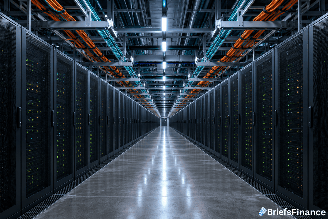 A long, brightly lit corridor inside a data center, lined with tall black server racks on both sides. Colorful cables run along the ceiling above the shiny, reflective floor. BriefsFinance logo is in the bottom right corner.