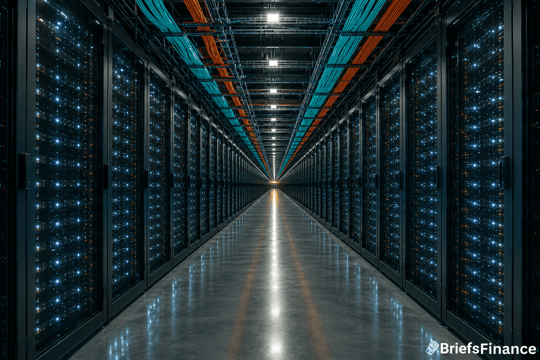 A brightly lit data center hallway with rows of glowing server racks on both sides, overhead cables in orange, blue, and green, and a reflective polished floor. BriefsFinance logo in the bottom right corner.