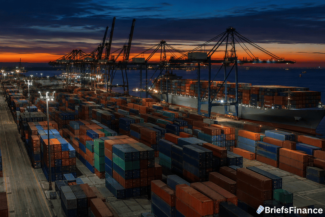A container port at sunset shows large cranes loading and unloading shipping containers from a docked cargo ship. The scene is illuminated by artificial lights. The BriefsFinance logo appears in the bottom right corner.