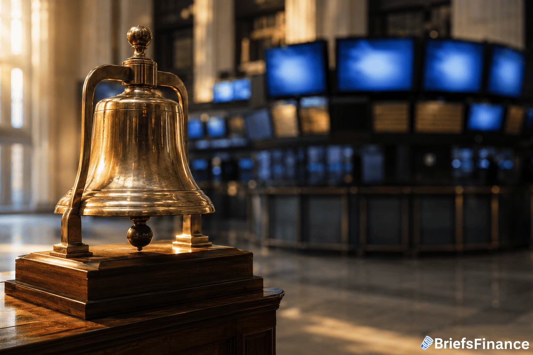 A large brass bell on a wooden stand is displayed in the foreground of a stock exchange trading floor, with multiple blurry monitors and columns in the background. The BriefsFinance logo is in the bottom right corner.
