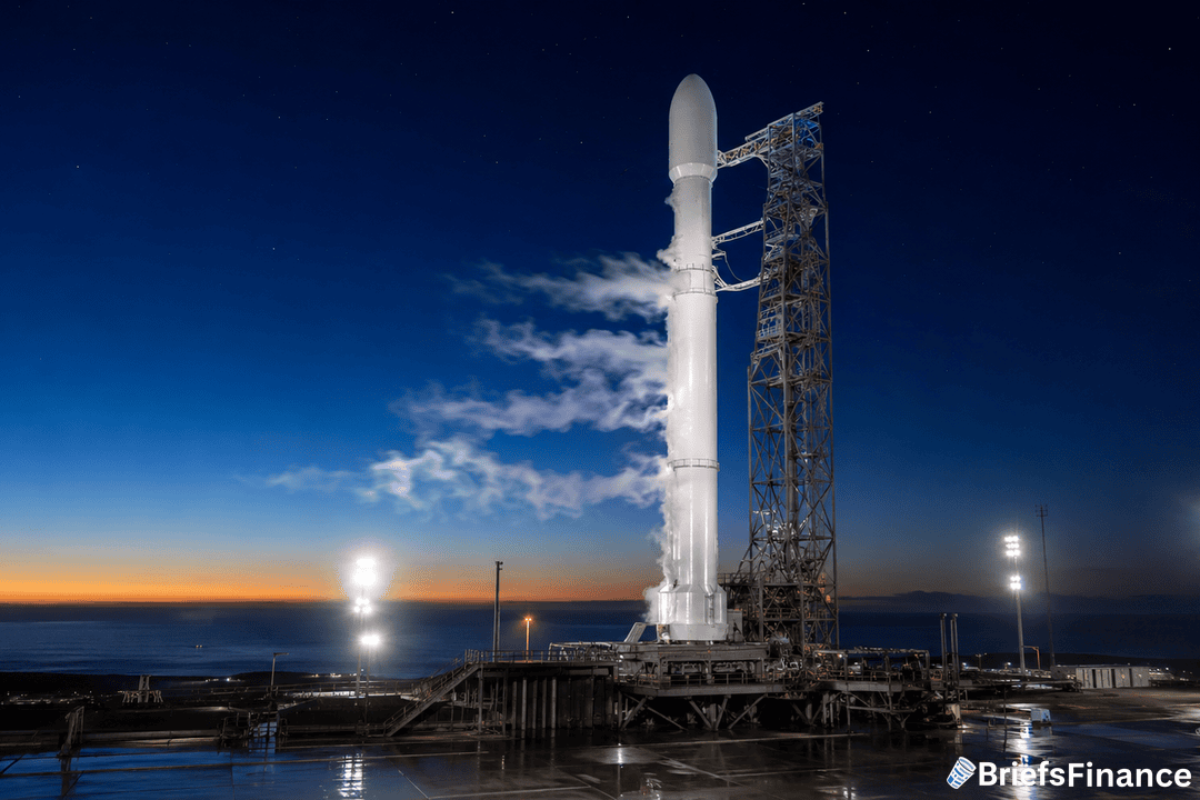 A white rocket stands on a launch pad at dusk, with vapor clouds billowing from its side. The sky is dark blue with a hint of orange on the horizon. Bright lights illuminate the rocket and surrounding structure.