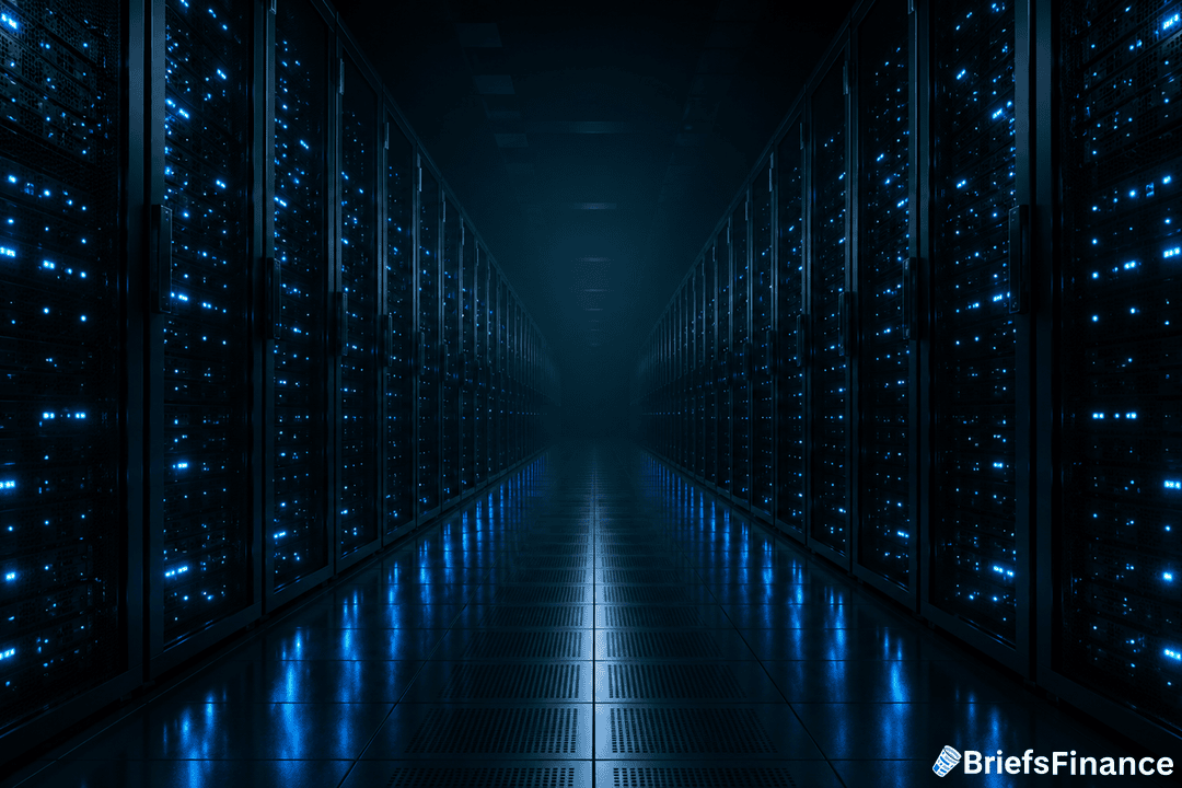 A dimly lit data center hallway lined with tall server racks on both sides, glowing with blue LED lights. The floor is reflective, and the BriefsFinance logo is visible in the bottom right corner.