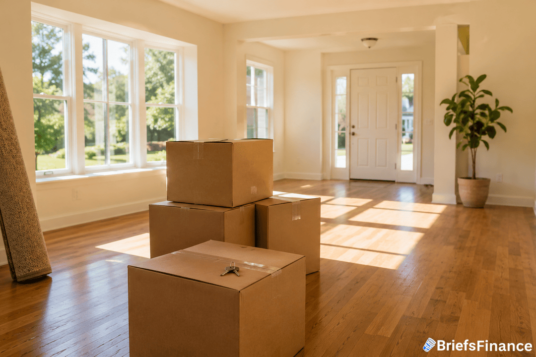 Four cardboard boxes are stacked in the center of a bright, empty room with large windows, hardwood floors, and an open front door. Sunlight fills the space, and a potted plant is in the corner.