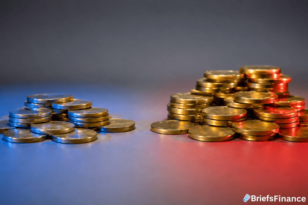 Two uneven piles of coins on a surface, with a small stack on the left and a larger stack on the right, under blue and red lighting. BriefsFinance logo is in the bottom right corner.