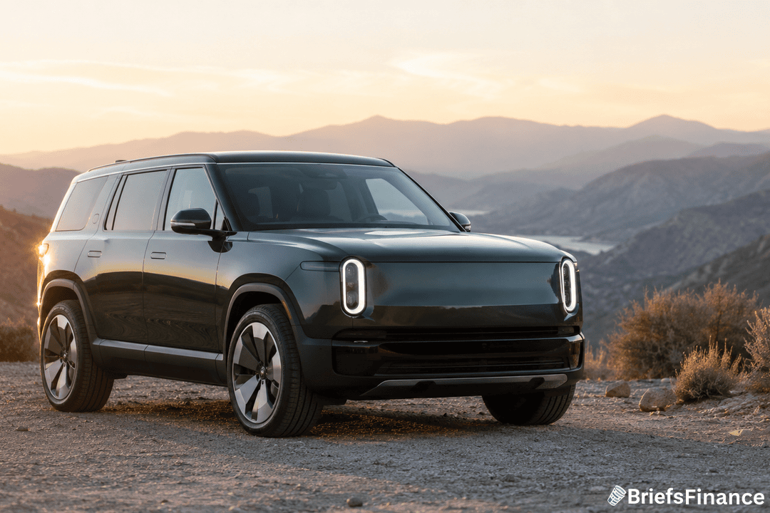 A dark green electric SUV is parked on a dirt road with mountains and a hazy sunset in the background. The vehicle has distinctive vertical LED headlights and a modern design. The BriefsFinance logo appears in the bottom right corner.