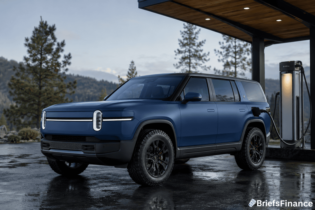 A blue electric SUV is parked at a charging station outdoors near a forested area, with mountains in the background and a cloudy sky above. The BriefsFinance logo appears in the bottom right corner.