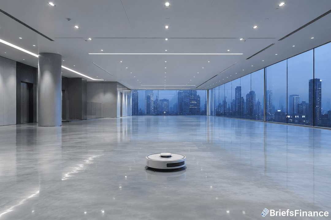 A robotic vacuum cleaner operates on the shiny floor of a large, empty modern office with floor-to-ceiling windows overlooking a city skyline at dusk.