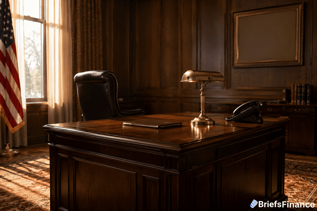 A polished wooden desk with a brass lamp, phone, and notebook sits in a stately office with wood-paneled walls, an American flag, and a leather chair. Sunlight streams through the window. BriefsFinance logo in corner.
