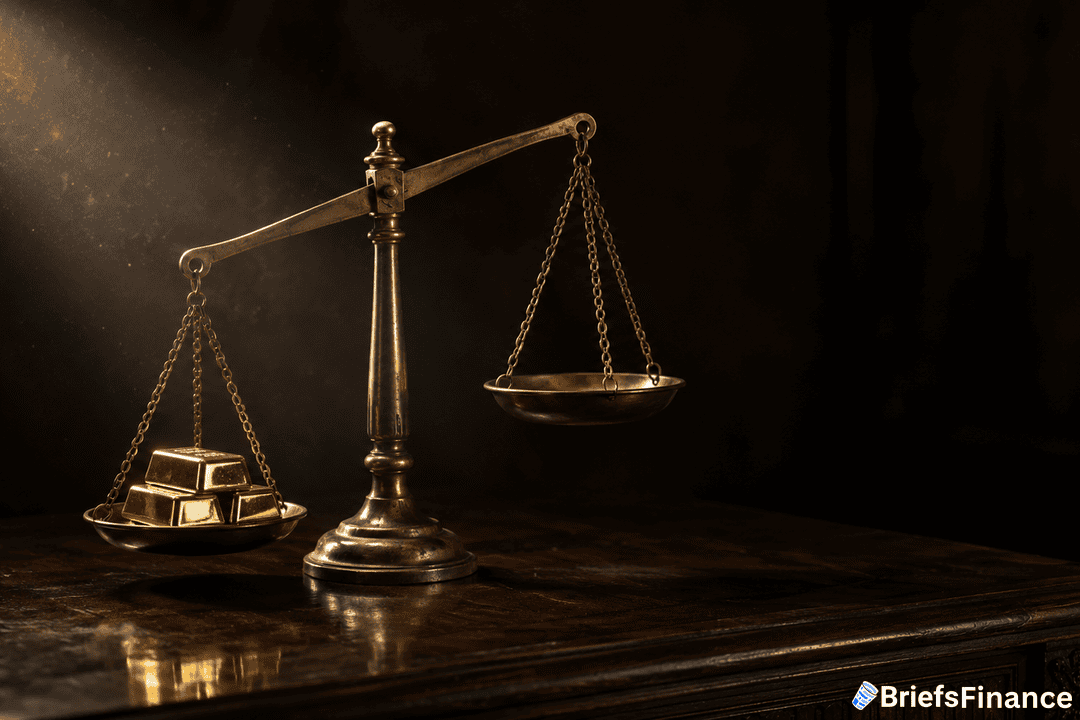 A brass balance scale on a wooden table, with gold bars on one side and the other side empty. The background is dark, and a BriefsFinance logo appears in the bottom right corner.