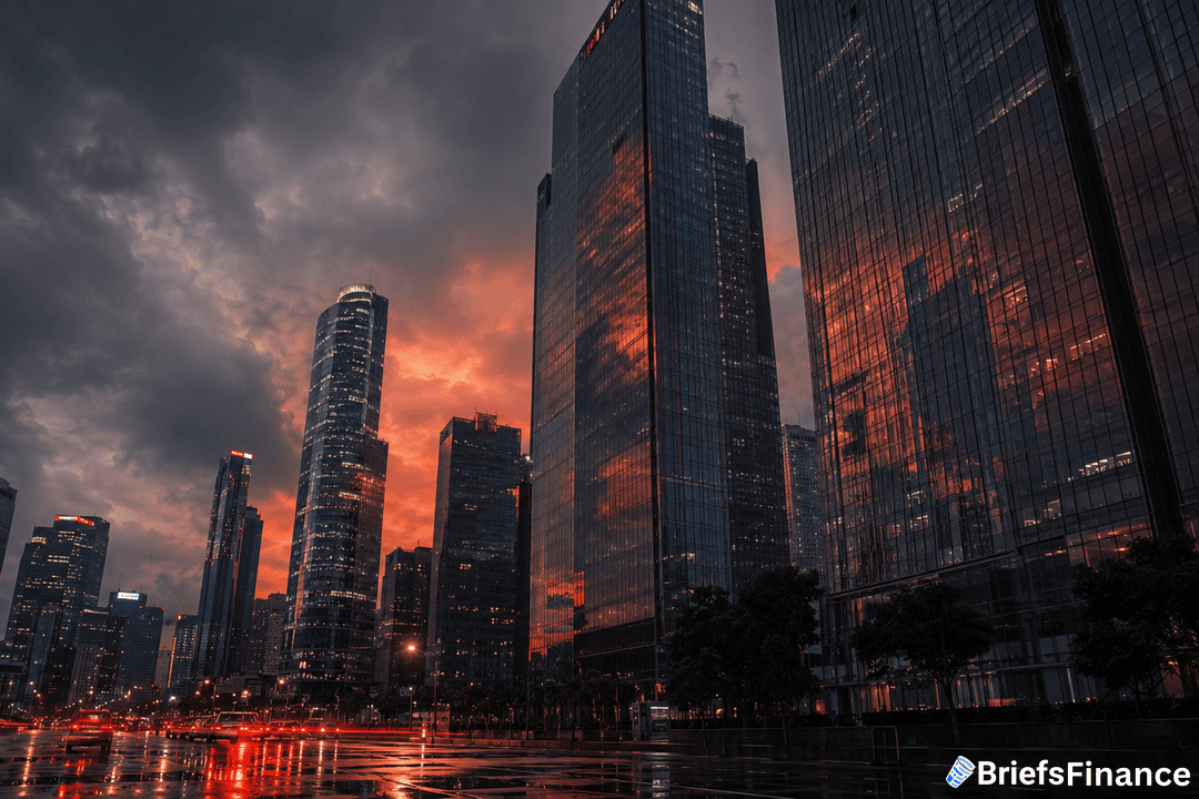Skyscrapers in a modern city reflect dramatic red and orange sunset clouds in their glass facades, with wet streets below and lights from cars and buildings illuminating the scene.