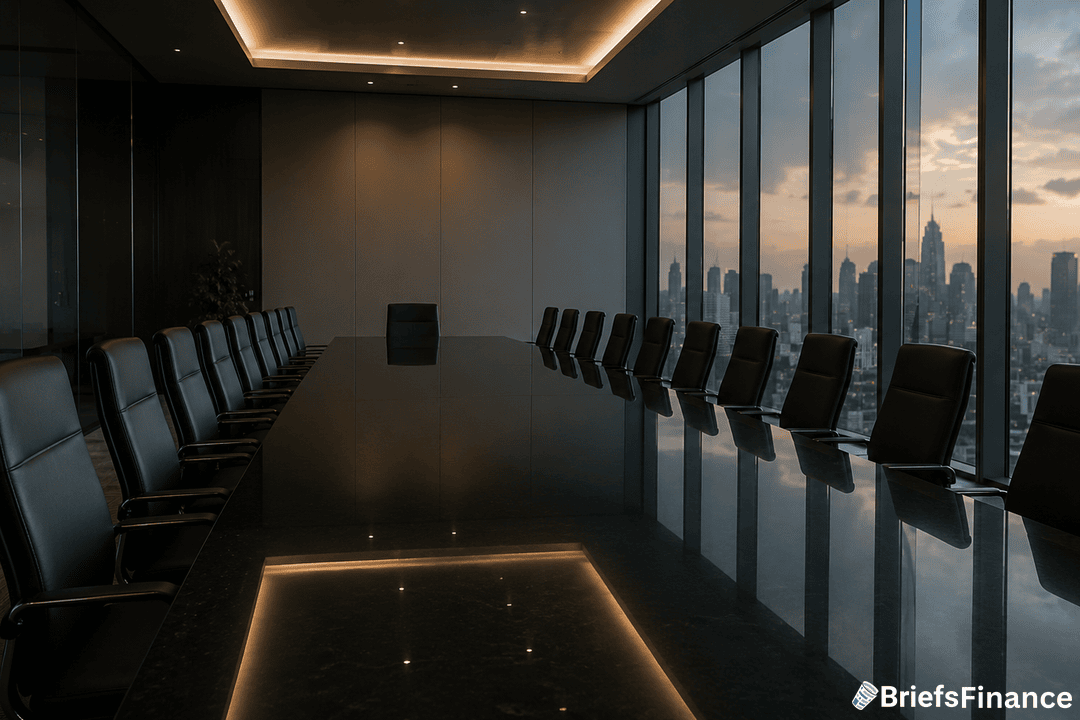 A modern, empty boardroom with a long glass table, black chairs, and floor-to-ceiling windows showing a city skyline at sunset. The BriefsFinance logo is in the bottom right corner.