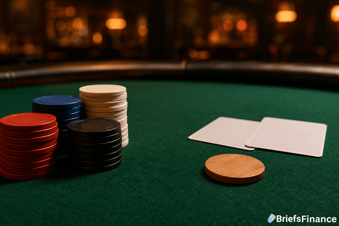 Stacks of poker chips in various colors, two face-down playing cards, and a round dealer button on a green felt poker table. The background is softly lit, creating a casino-like atmosphere.