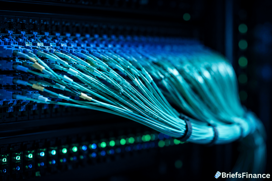 A close-up of numerous green network cables connected to a server rack, with blue lights illuminating the equipment. The BriefsFinance logo appears in the bottom right corner.