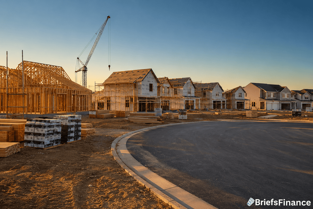 Row of houses under construction at sunset, with wooden frames, building materials, and a crane on site. A curved paved road runs in front. BriefsFinance logo appears in the bottom right corner.