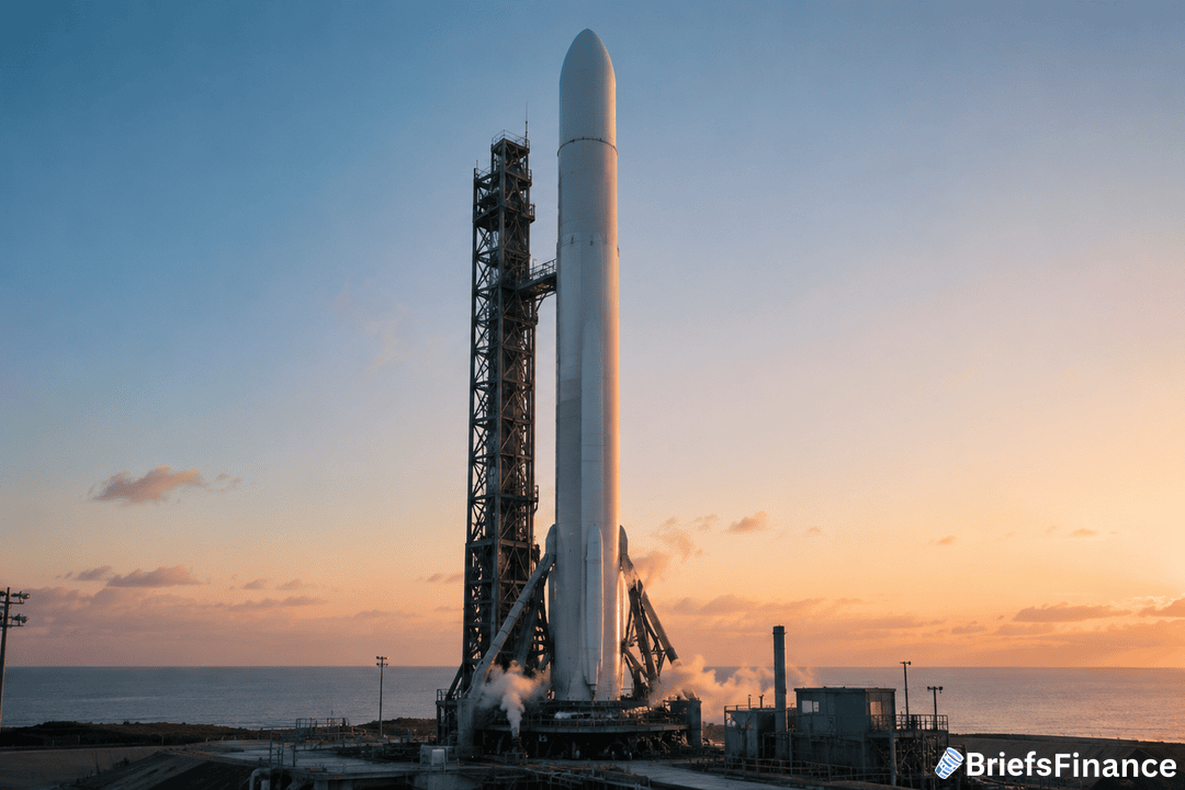 A white rocket stands upright on a launch pad at sunrise, with steam rising around its base. The ocean and a partly cloudy sky are in the background. A BriefsFinance logo appears in the lower right corner.